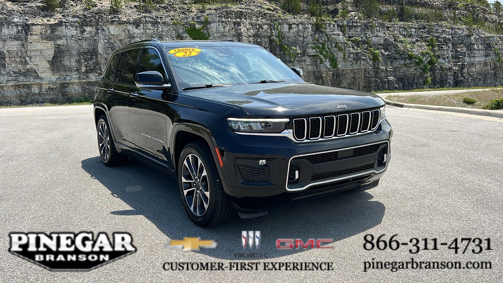 2022 Jeep Grand Cherokee Overland in Black — front three-quarter view